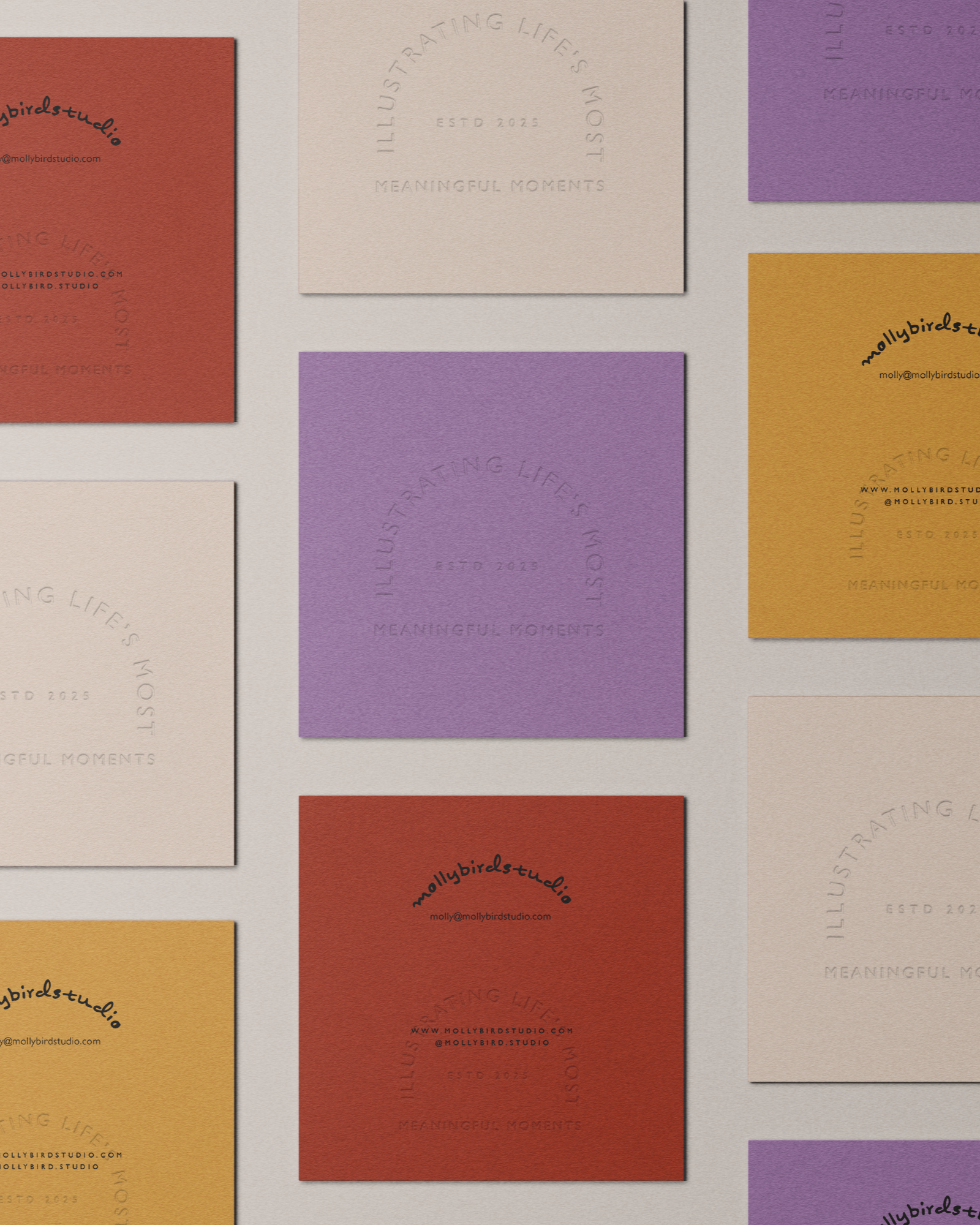 Collection of colorful business cards with text on a white background