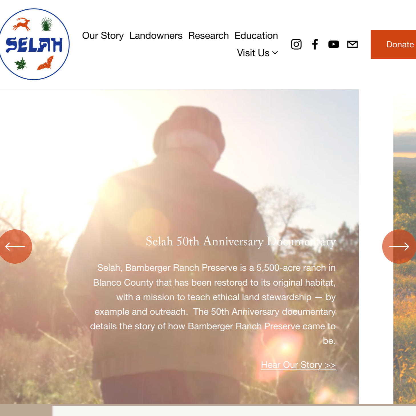 Website page with a silhouette of a person and text about Selah's 50th Anniversary Bamberger Ranch Preserve.